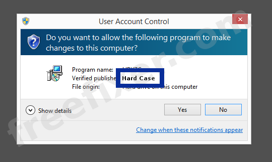 Screenshot where Hard Case appears as the verified publisher in the UAC dialog